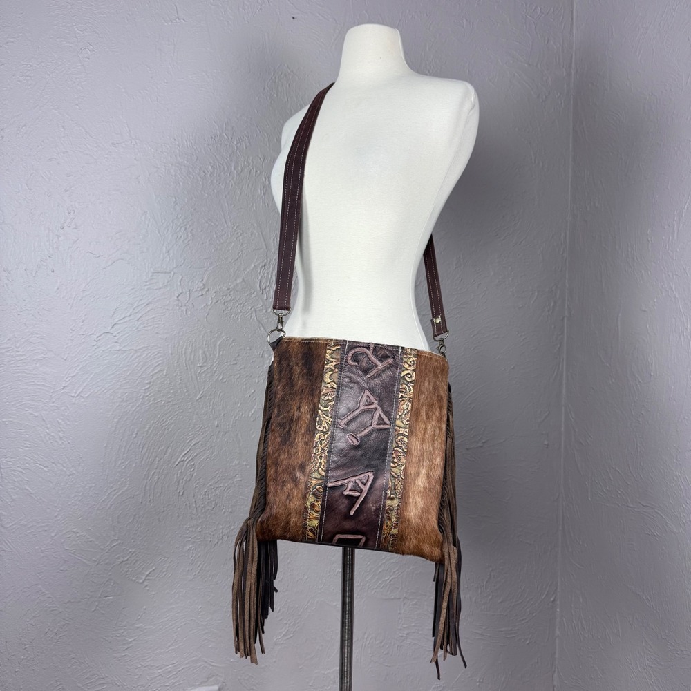 Dancing Cactus Designs hair on leather fringe embossed leather Boho bag purse